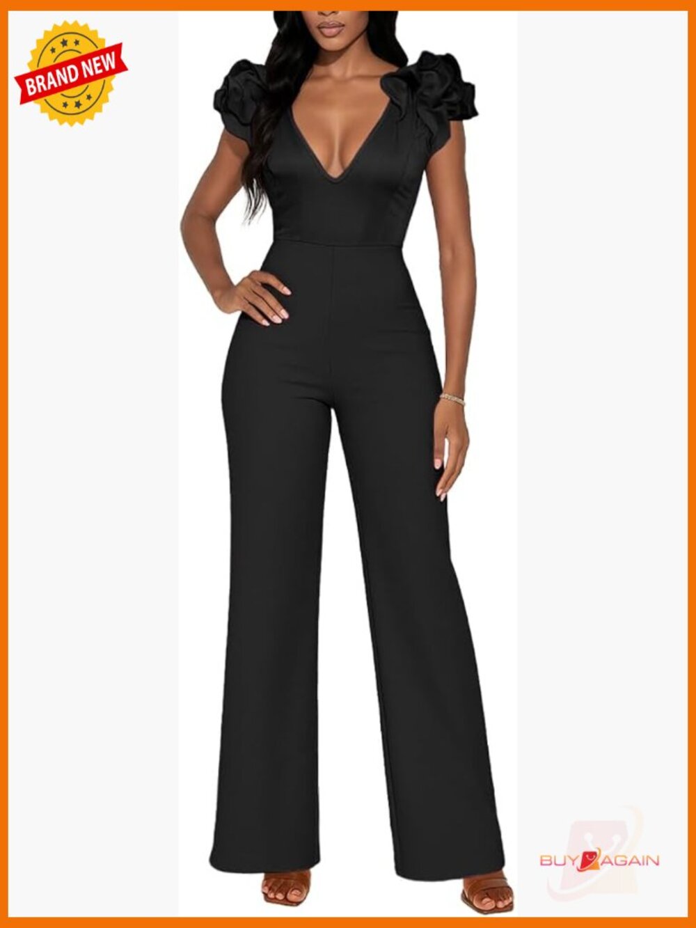 Women's Dressy V-Neck Sleeveless Ruffle Wide Leg Jumpsuit Romper